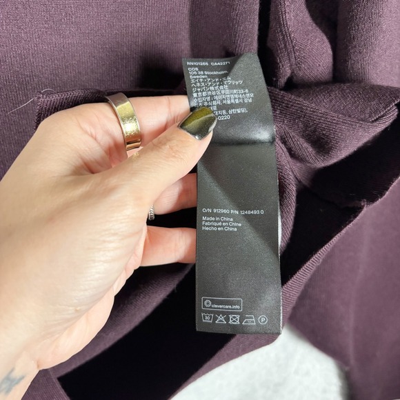 COS Waisted Wool V Neck Cardigan Size M Bordeaux Purple Red Balloon Sleeve Cinch - Picture 7 of 8